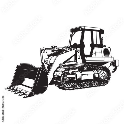 Black and white vector illustration of a front loader excavation construction machine