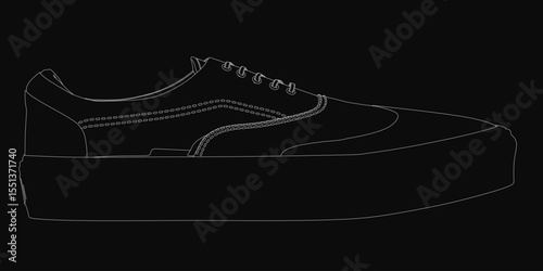 Black and white line drawing of sneakers outlined in white against a black background. The clean, crisp design highlights the shoe's silhouette with sharp contrast.