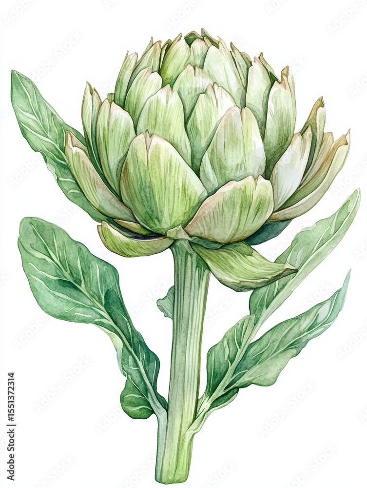 Obraz premium Artichoke Illustration. Watercolor Drawing of Fresh Green Artichoke Isolated on White Background