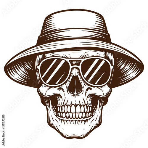 Cool skull wearing sunglasses and hat in a hand drawn vintage style illustration