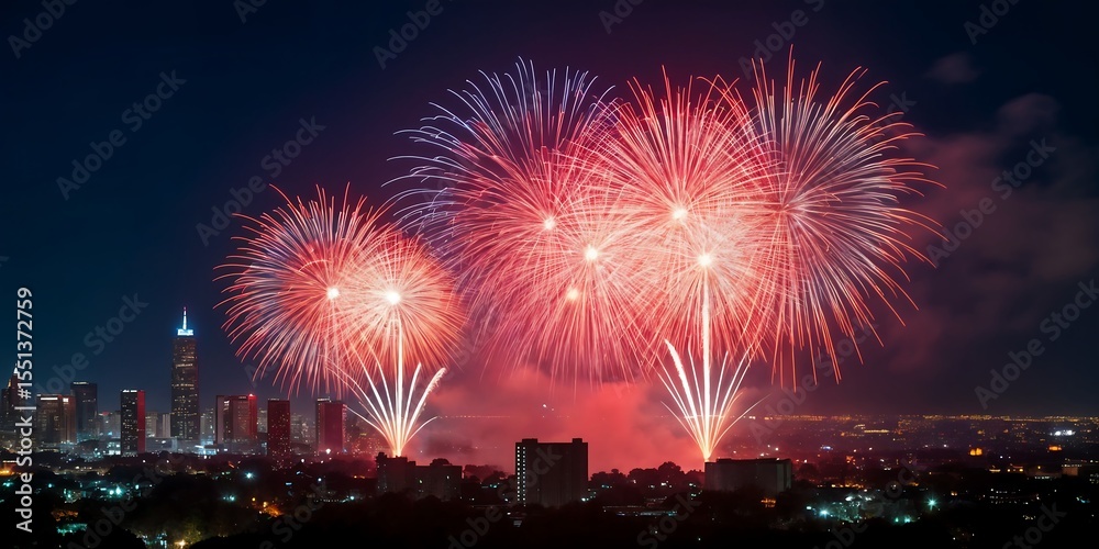 Obraz premium Spectacular Red and White Fireworks Illuminate the Night Sky Over a Sprawling City Skyline