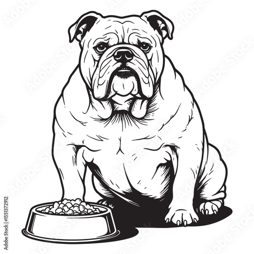Detailed black and white illustration of a sitting bulldog beside a bowl of dog food