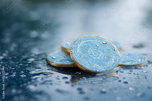 Jeweled Tokens in the Rain: A collection of intricately designed tokens, shimmering with a touch of elegance, gleam under the gentle kiss of raindrops, adding an element of both mystery and allure.