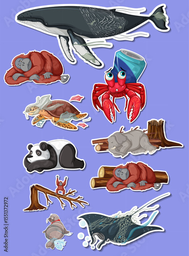 Collection of diverse and colorful sea creatures illustrated as fun stickers for various applications