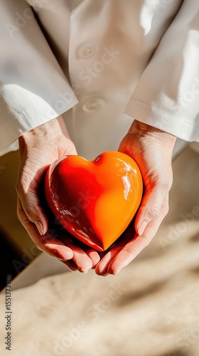 Close-up of doctor’s hands holding a shiny red heart symbol, expressing health, emotional care, medical support, and compassion in conceptual imagery.