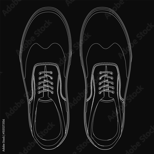 Black and white sneakers stand out sharply against a black background, outlined in crisp white for a clean, modern aesthetic. The minimalist design highlights the shoe's sleek silhouette and stylish.