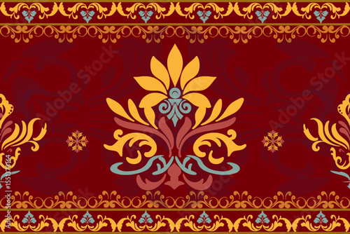 Native thai ethnic geometric pattern samless gold and red on a light gray background. tiles, rugs, carpet