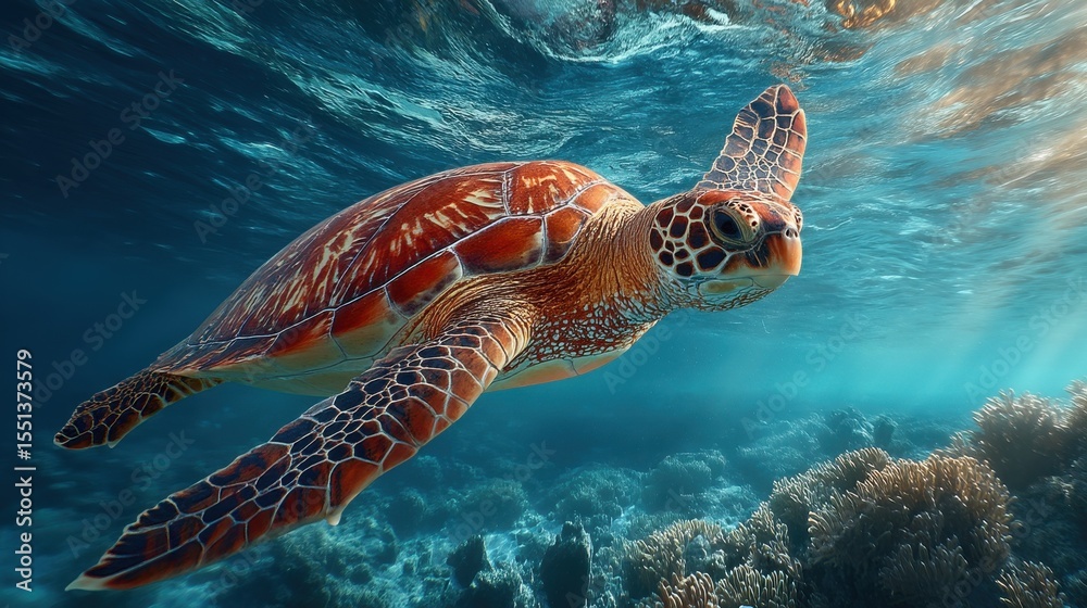 Fototapeta premium Sea Turtle Swimming Underwater in a Vibrant Coral Reef