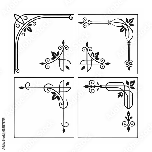 Artistic Border Corner Designs: A set of four elegant border designs, each showcasing intricate corner elements, providing a diverse array of decorative options for a variety of design applications. 