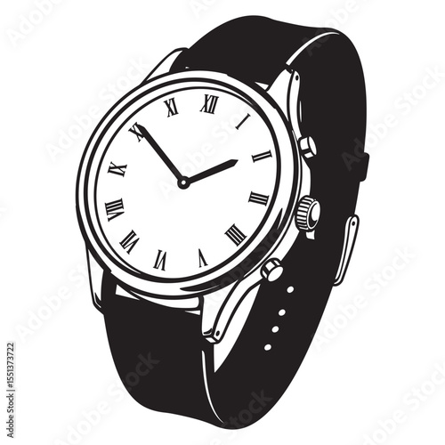 Elegant black and white vector illustration of a stylish analog wristwatch with roman numerals