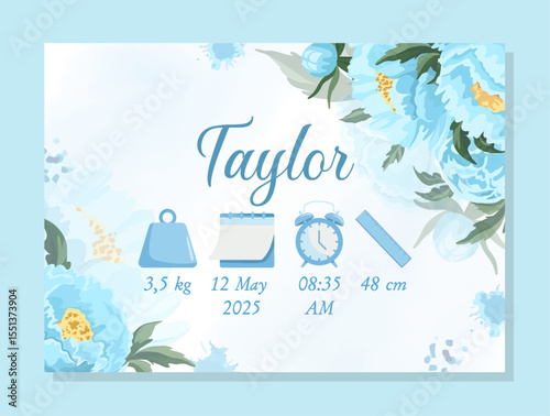 Baby birth detail horizontally poster Blue announcement card Its a boy