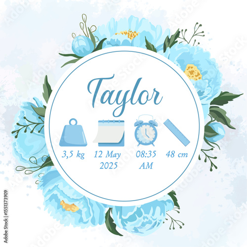 Wallpaper Mural Blue floral baby birth details poster Baby boy announcement card Torontodigital.ca