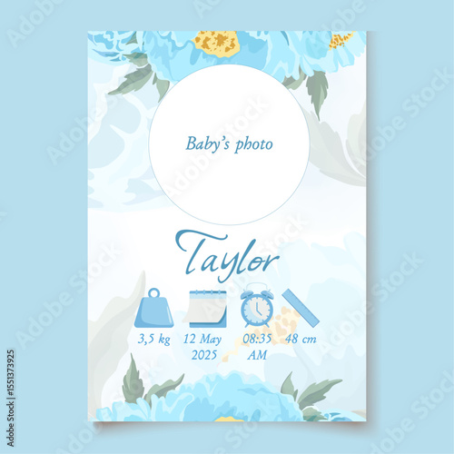 Wallpaper Mural Floral blue baby birth details poster Baby announcement card Its a boy Torontodigital.ca