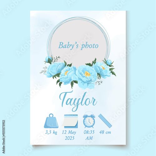 Wallpaper Mural Blue floral baby birth detail card Photo frame Its a boy Torontodigital.ca