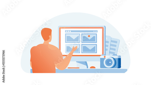 Person working at computer with photos, camera, and papers in a bright and modern workspace illustration