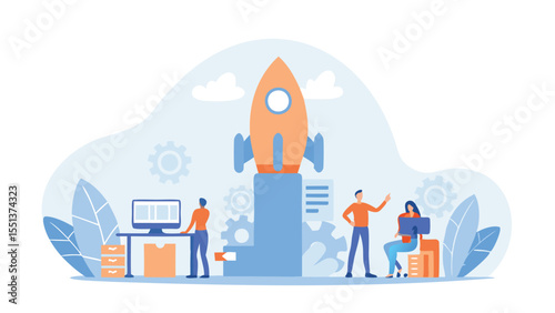 A cartoon illustration of a rocket launch with people working on computers and boxes in the background