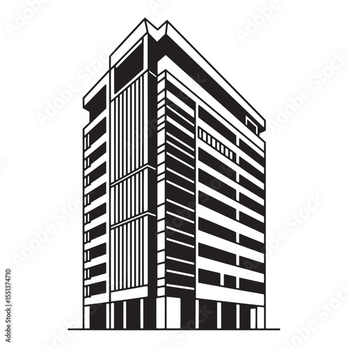 Modern architectural building illustration in black and white perspective view isolated
