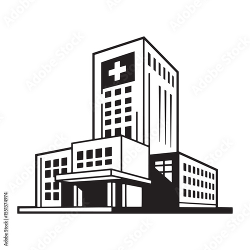 Monochrome illustration of a hospital building representing healthcare and medical facilities