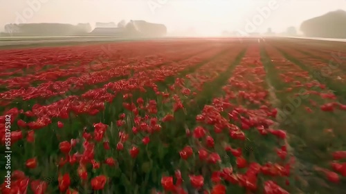Vibrant orange tulips blooming in open field
