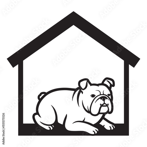 Simple black and white illustration of a bulldog resting inside a dog house