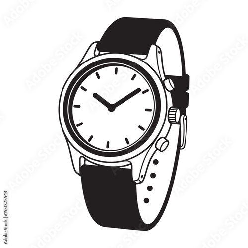 Simple black and white illustration of a classic wristwatch with leather strap on white background