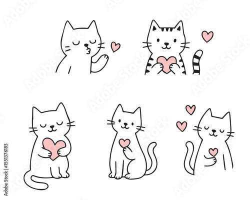 Vector set of cute cats in doodle style in different poses. World Cat Day. Hand drawn vector illustration. 