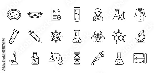Laboratory icon set. Vector line pictograms of microscope, test tube, flask, chemical experiment, research, scientist, analysis, and medical lab tools illustration