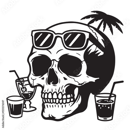 Skull relaxing on vacation wearing sunglasses with refreshing tropical drinks and palm tree