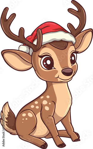 Adorable Christmas Reindeer Cartoon with Santa Hat