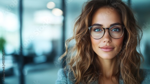 A professionally dressed woman with glasses smiling confidently, set against a sleek modern office backdrop, symbolizing empowerment and success in the corporate world. Free Download A professionally dressed woman with glasses smiling confidently, set against a sleek modern office backdrop, symbolizing empowerment and success in the corporate world. - GFXLoad