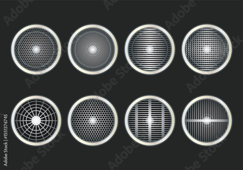 Collection of stylized speaker grill icons representing sound audio and acoustic technology in various modern designs