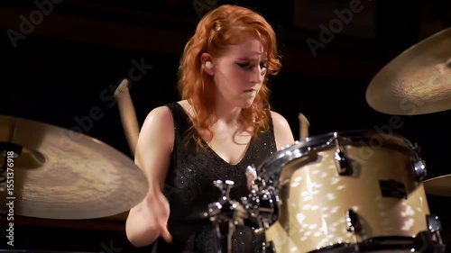 Red-haired woman passionately playing the drum set