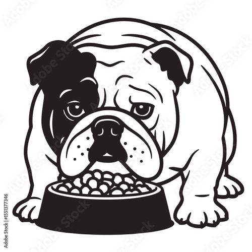 Vector illustration of a bulldog with a full bowl of dog food on a white background
