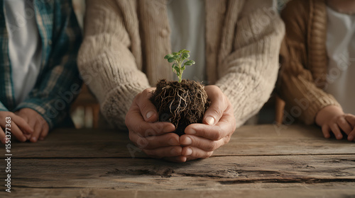 New Beginnings: A pair of hands tenderly cradles a delicate seedling, symbolizing growth, renewal, and the nurturing of life. A close-up shot that draws the viewer into the essence of potential.