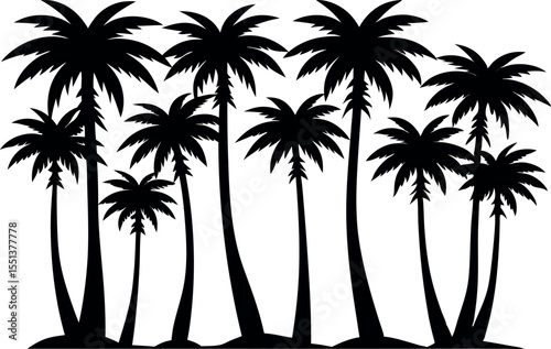 A set of isolated black vector silhouettes of various palm tree designs on a white background