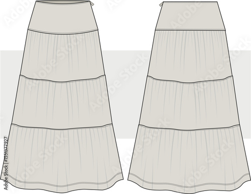 Women's Tiered Maxi Skirt fashion technical drawing, illustration. Boho style skirt vector. Front and Back view. Cad, Mockup.