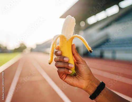 Woman holding banana at running track