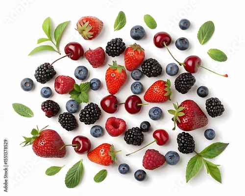 Assortment of fresh berries and cherries with mint leaves scattered on white background