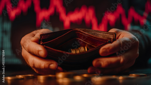 Financial Strain: A close-up image features hands cradling an empty wallet, set against a backdrop of a red descending graph, symbolizing financial loss and economic hardship.