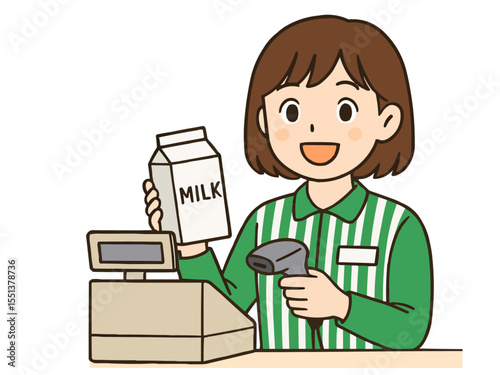 レジ打ちをする若い女性のコンビニ店員のイラスト