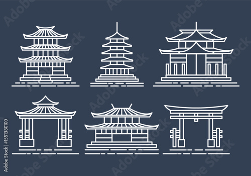 Collection of diverse shrine icons featuring religious symbols architecture and cultural elements in vibrant colors