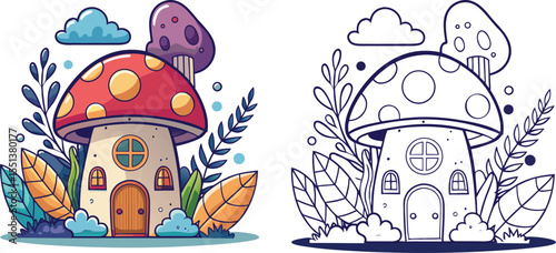Whimsical Mushroom House Illustration with Color and Outline Versions for Creative Projects