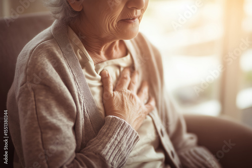 Elderly White Caucasian Woman Holding Chest Suffering Pain Symptom Health Problem Medical Condition