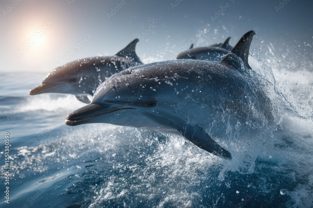 Fototapeta premium Three Marine Mammals Leaping in Azure Ocean Water During Sunset