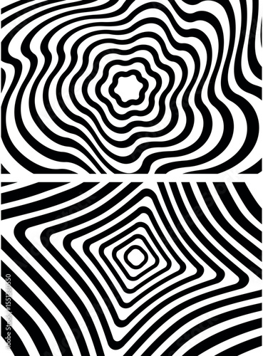 Optical illusion spiral with black and white stripes. Twisting Whirl Motion. Modern liquify lines effect background.