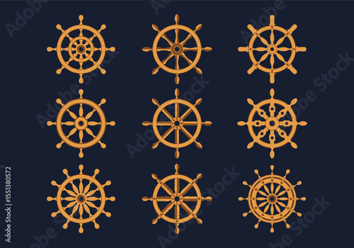 Collection of nautical ship wheel icons featuring classic marine design elements and maritime navigation symbols