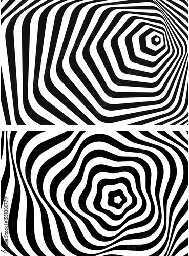 Optical illusion spiral with black and white stripes. Twisting Whirl Motion. Modern liquify lines effect background.