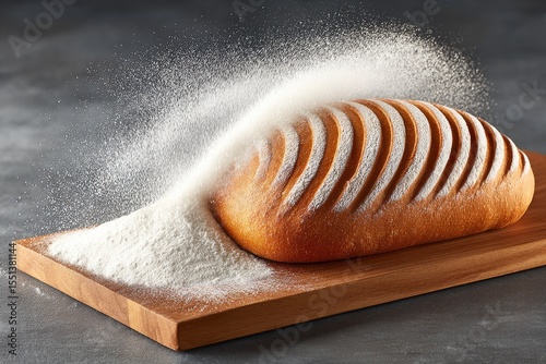Freshly baked loaf of bread on a wooden board, flour erupting around it
