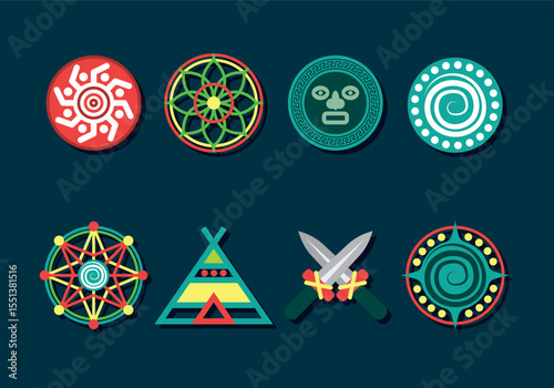 Collection of stylized shamanic symbols and elements for spiritual and cultural designs
