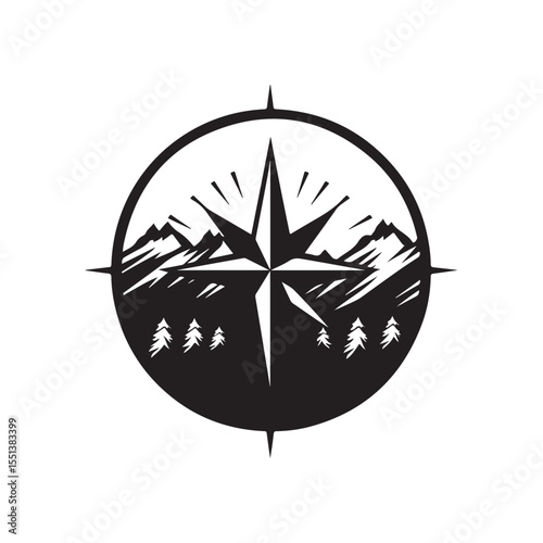 Simple compass rose with mountain silhouette